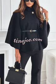 Elegant Moment Woolen Button Turtleneck Belted Oversized Cape