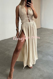 Boho with Elegance Linen Blend Braids Belt Cutout Slit Kaftan Maxi Dress