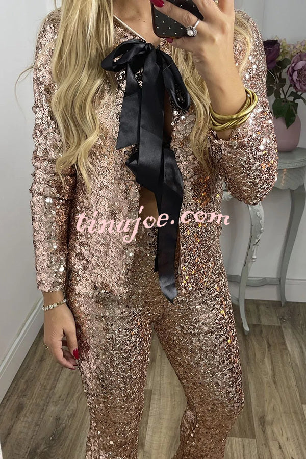 Holiday Cheer Sequin Tie-front Satin Bow Long Sleeve Jacket