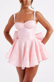 Jacquard Fabric Halter Back Elegant Bow Slim Fit Mini Dress