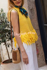 Solid Color Round Neck Sleeveless Hollow Tassel Loose Vest