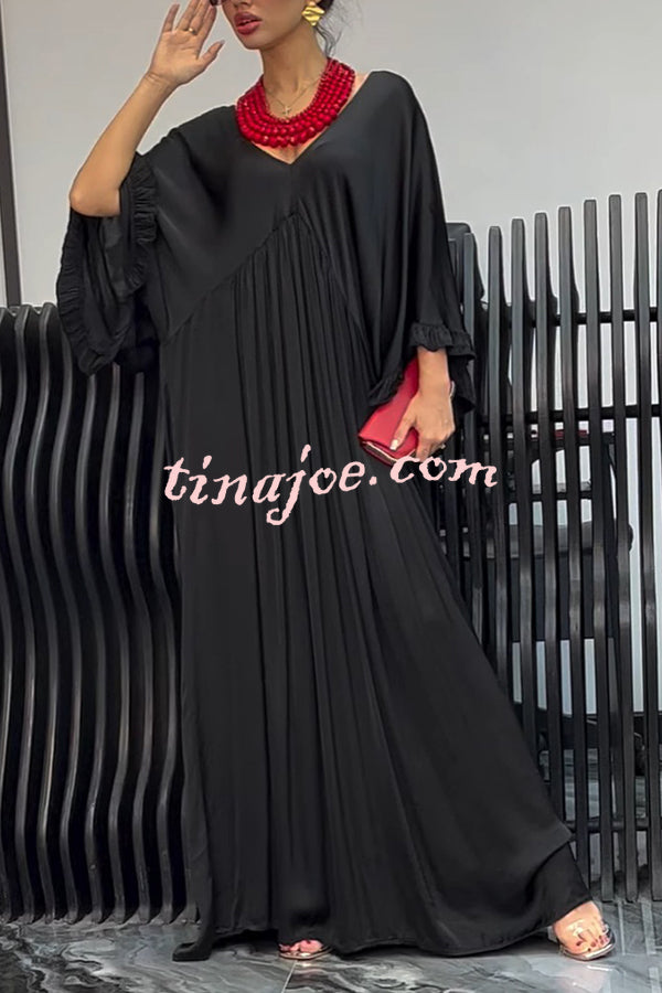 Satin Solid Color V-neck Lotus Leaf Sleeve Loose Pleated Maxi Dress
