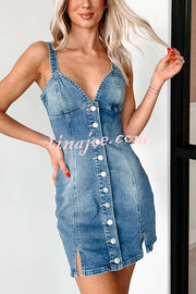 Sexy V-neck Open Back Button Slim Fit Denim Mini Dress