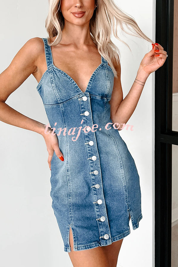 Sexy V-neck Open Back Button Slim Fit Denim Mini Dress