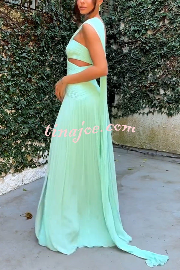 Forest Muse Chiffon Pleated Off Shoulder Cutout Waist Cape Maxi Dress