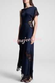 Paris Dream Satin Lace Trim Irregular Design Drape Maxi Dress
