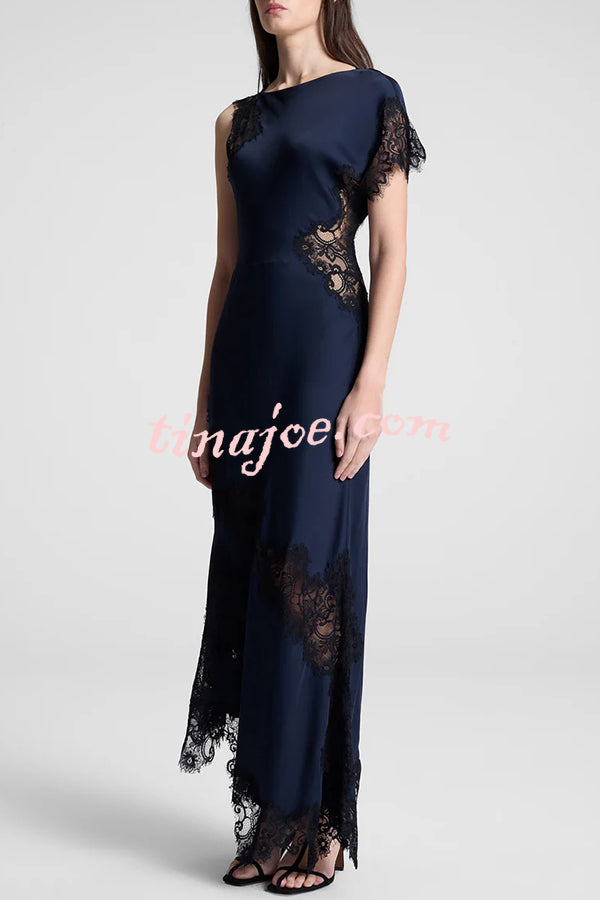 Paris Dream Satin Lace Trim Irregular Design Drape Maxi Dress