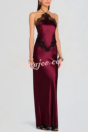 Everly Contrast Color Satin Lace Trim Halter Back Lace-up Flare Maxi Dress