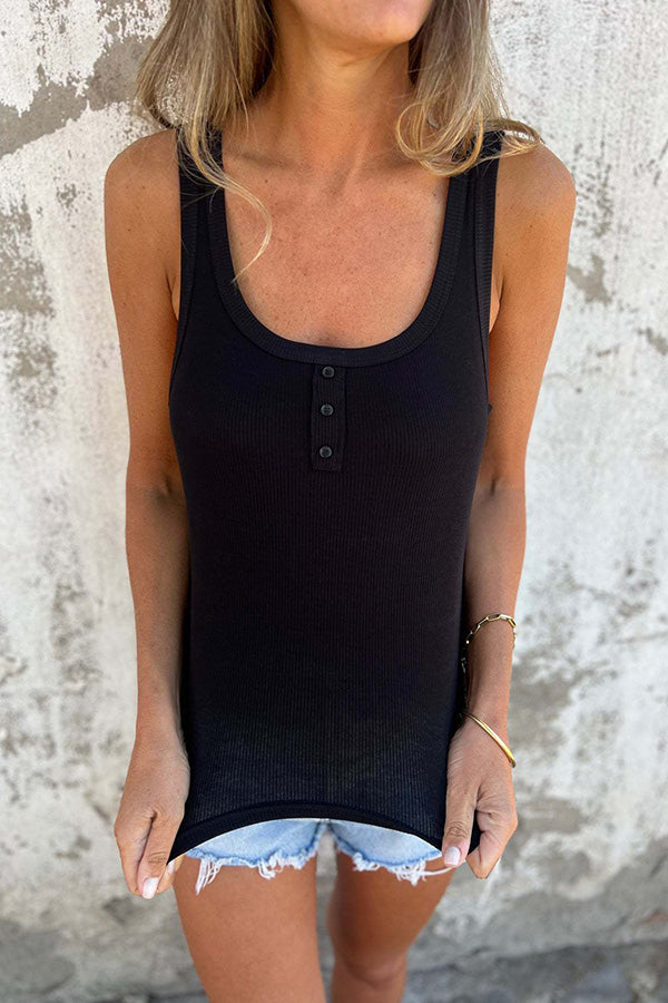 Solid Buttoned Stretch Rib Slim Fit Tank Top