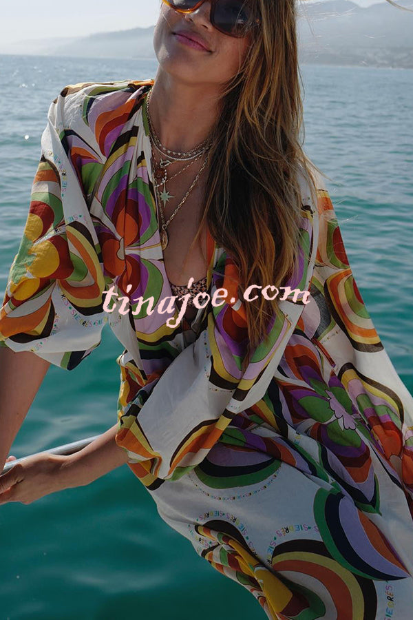 Boat Days Unique Print Balloon Sleeve Pocketed Loose Robe Maxi Dress