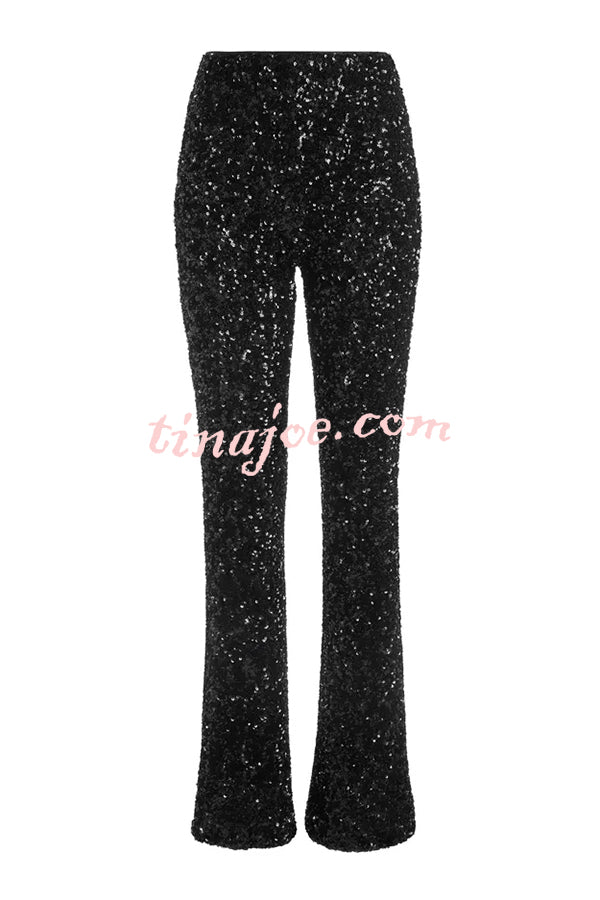 Sparkle Season Sequin High Rise Elastic Waist Stretch Flare Party Pants