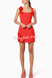 Crush on You Rose Applique Square Neck Wide Strap Mini Dress