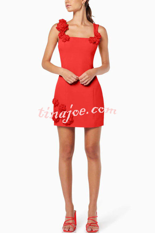 Crush on You Rose Applique Square Neck Wide Strap Mini Dress