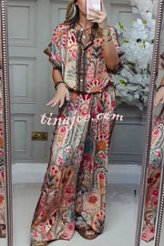Unique Printed Loose Short-sleeved Top and Elastic Waist Casual Wide-leg Pants Set
