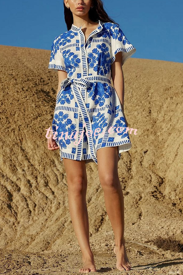 Unique Print Short Sleeve Button Tie Waist Mini Dress