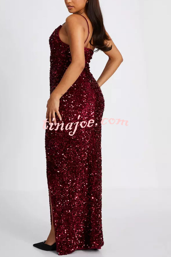 Glam Day Velvet Sequin One Shoulder Cutout Detail Slit Stretch Maxi Dress