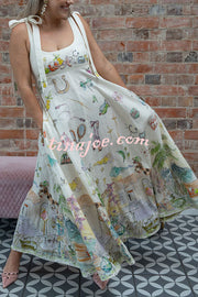 Euro Summer View Linen Blend Unique Print Tie-up Straps Pocket Midi Dress
