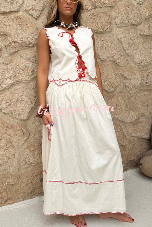 Sunny Day Linen Blend Contrast Embroidered Print Smocked Waist A-line Maxi Skirt