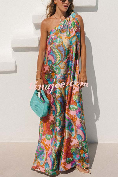 Rainbow Breeze Satin Unique Print Bow One Shoulder Loose Maxi Dress
