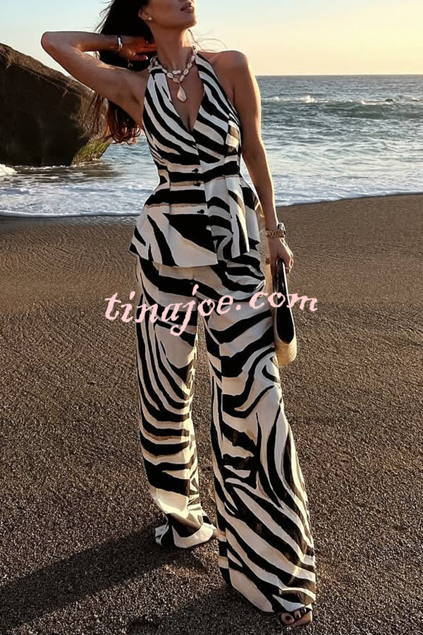 Zebra Print Halter Neck Backless Button-Down Top