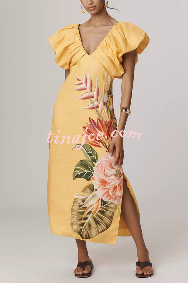 Plant Print V-neck Open Back Holiday Style Slit Midi Dress