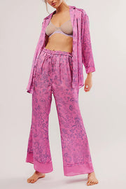 Unique Printed Lounge Long-sleeved Shirt and Elastic Waisted Baggy Pants Set