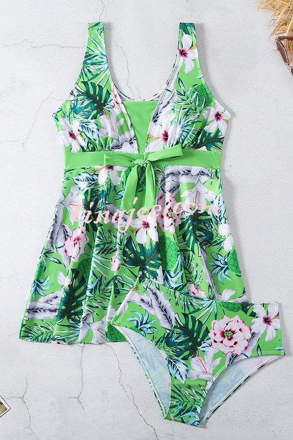 Cheerful Floral Print Bow Detail Tankini Swimsuit Set