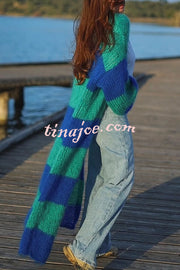 Fashionable Contrast Stripes Lazy Style Loose Long Knitted Cardigan