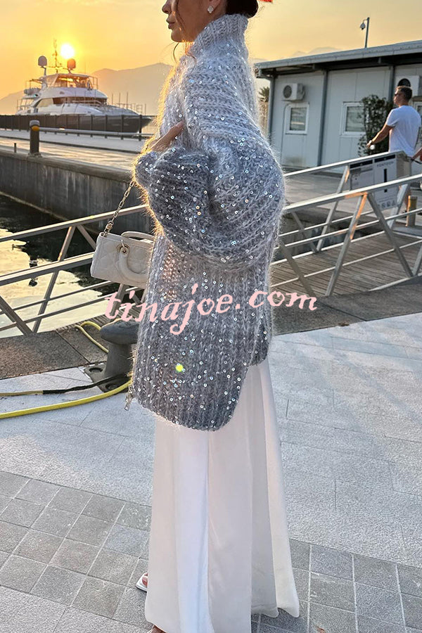 Warm Shining Heart Knit Sequin Balloon Sleeve Zipper Neck Loose Cardigan