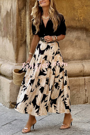 Resort Style Botanical Print Elastic Waist Loose Stitching Midi Skirt