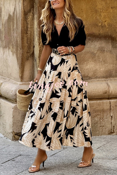 Resort Style Botanical Print Elastic Waist Loose Stitching Midi Skirt