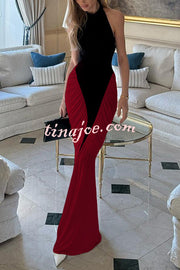Fashionable Contrast Color Open Back Side Pleated Draped Maxi Dress