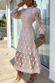 Romantic, Sensual and Elegant Crochet Lace Lantern Sleeve Party Midi Dress