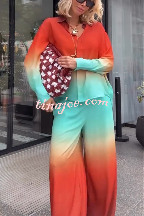 Neon Sunset Gradient Print Long Sleeve High Low Hem Blouse and Elastic Waist Loose Pants Set