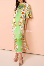 Southern Italy Satin Unique Print Bell Sleeve Loose Slit Midi Dress