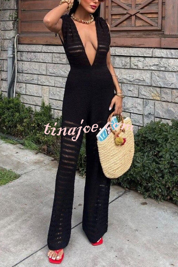 Solid Color Knitted V-neck Holiday Hollow Casual Jumpsuit