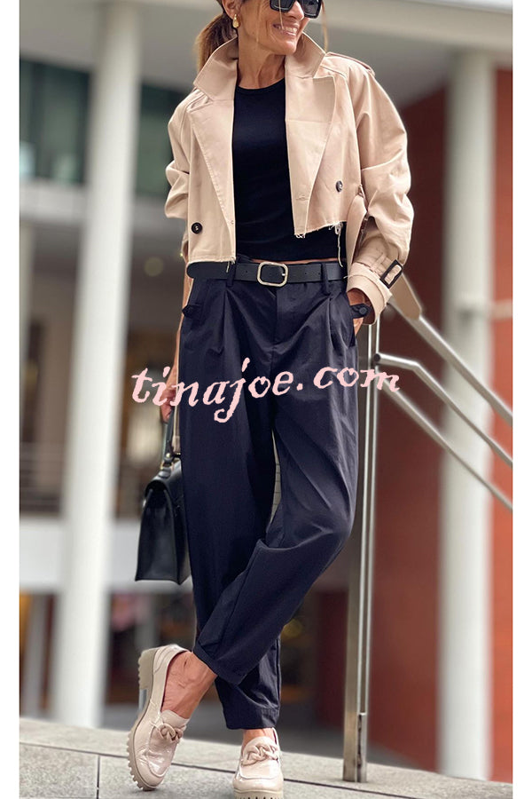 Work Style Lapel Long Sleeve Jacket and Button Belt Pocketed Slit Midi Skirt Set