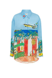 Vacation Flights Satin Unique Print Button Down Oversized Blouse