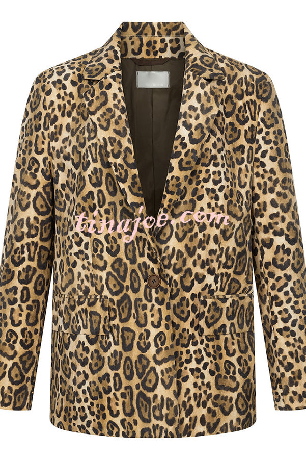 Catwalk Leopard Single Button Long Sleeve Pocketed Lapel Boyfriend Blazer