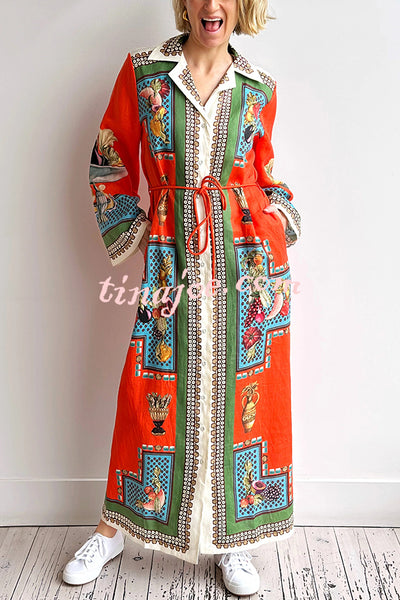 Linen Blend Unique Print Tie-waist Casual Maxi Dress