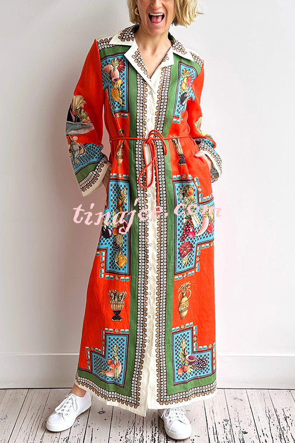 Linen Blend Unique Print Tie-waist Casual Maxi Dress