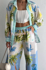 Holiday Style Print Loose Long Sleeve Shirt and Elastic Waist Loose Pocket Wide Leg Pants Set
