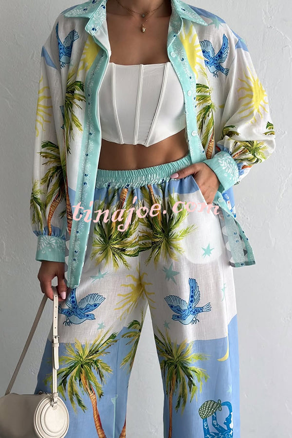 Holiday Style Print Loose Long Sleeve Shirt and Elastic Waist Loose Pocket Wide Leg Pants Set