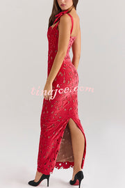 Holiday Intimacy Embroidered Floral Lace Bow Shoulder Straps Slit Maxi Dress