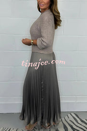 Stylish Knitted Round Neck Long Sleeve Patchwork Pleated Hem Maxi Dress