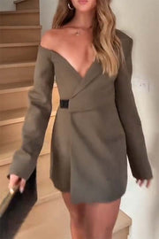 Sartoria Asymmetrical Off Shoulder Contrast Tab Button Long Sleeve Blazer Mini Dress