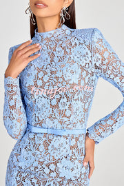Feminine and Elegant Flower Lace Long Sleeve Bow Belted Flare Midi Dress