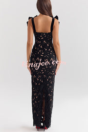 Holiday Intimacy Embroidered Floral Lace Bow Shoulder Straps Slit Maxi Dress