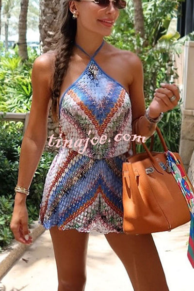Helina Knit Colorful Herringbone Print Halter Backless Loose Romper