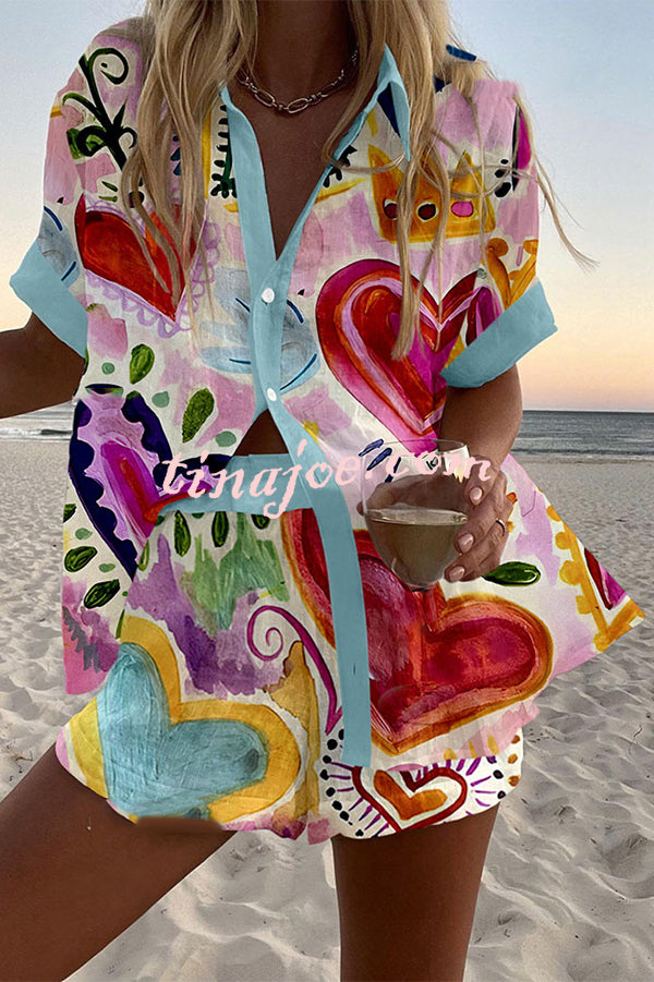 Colorful Heart Print Loose Button Elastic Waist Shorts Set